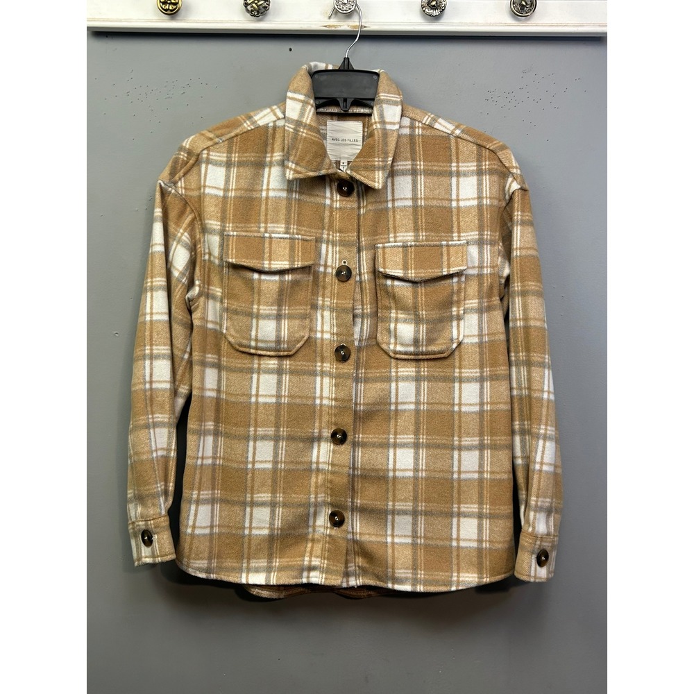 Avec Les Filles‎ Shacket Womens Small Tan Plaid Button Front Wool Blend Layers